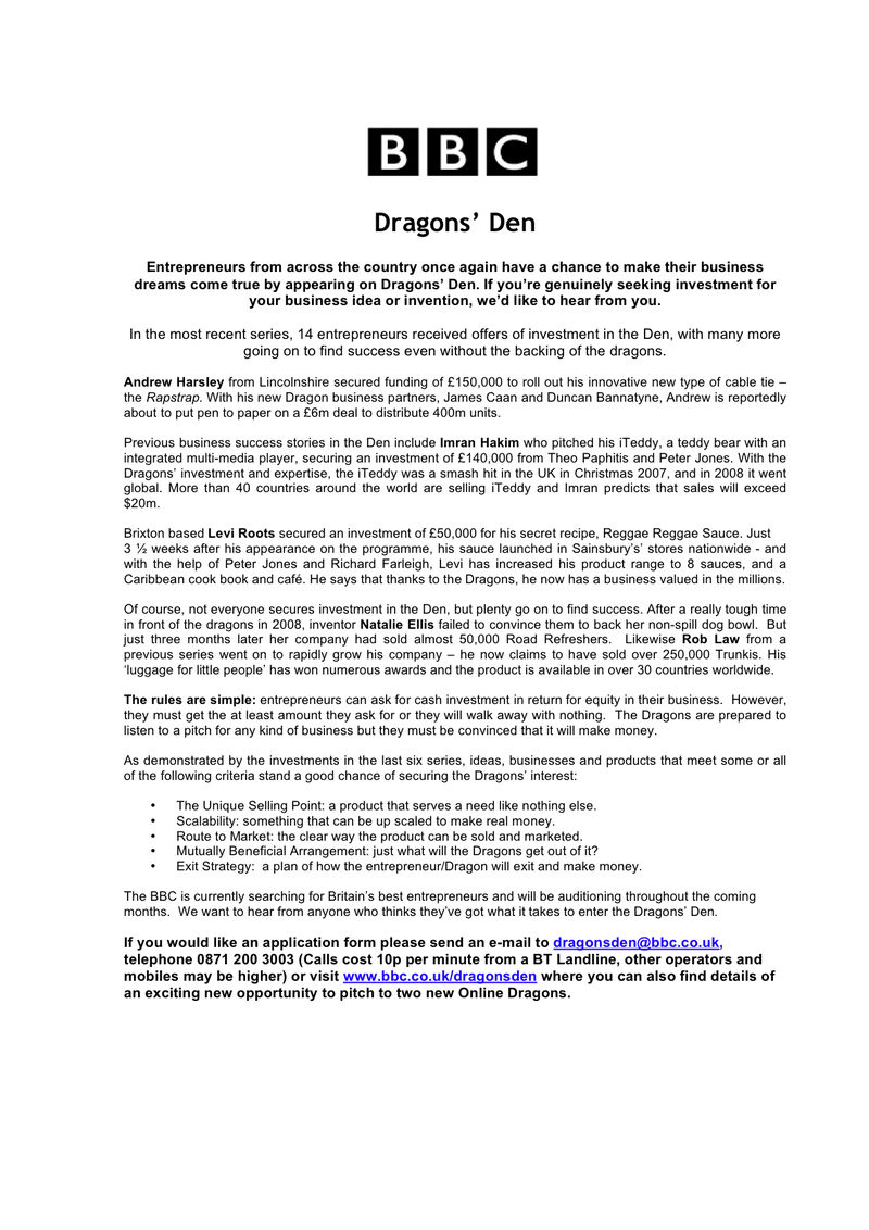 BBC Dragons' Den 2009 Press Release (5)